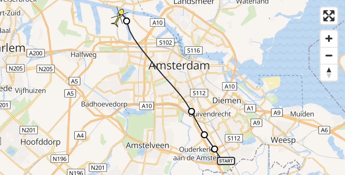 Routekaart van de vlucht: Lifeliner 1 naar Amsterdam Heliport, Meibergdreef