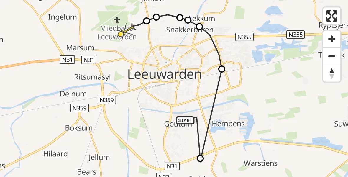 Routekaart van de vlucht: Ambulancehelikopter naar Vliegbasis Leeuwarden, Wergeasterdyk