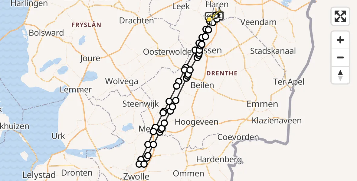 Vluchtroute Traumahelikopter van Groningen Airport Eelde naar Groningen Airport Eelde