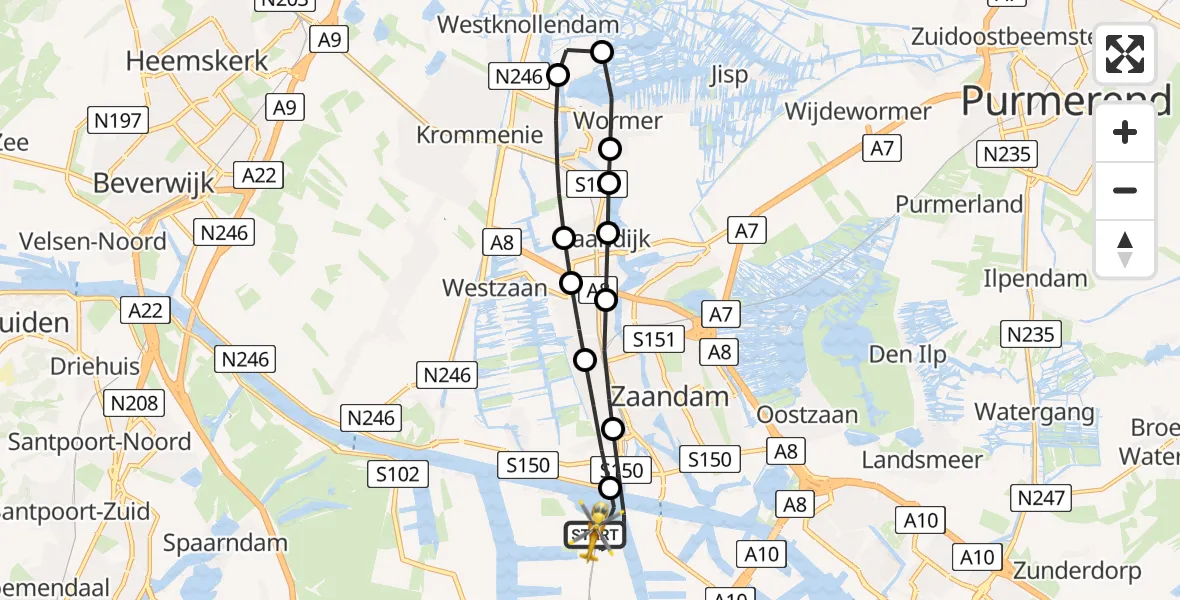 Vluchtroute Traumahelikopter van Amsterdam Heliport naar Amsterdam Heliport