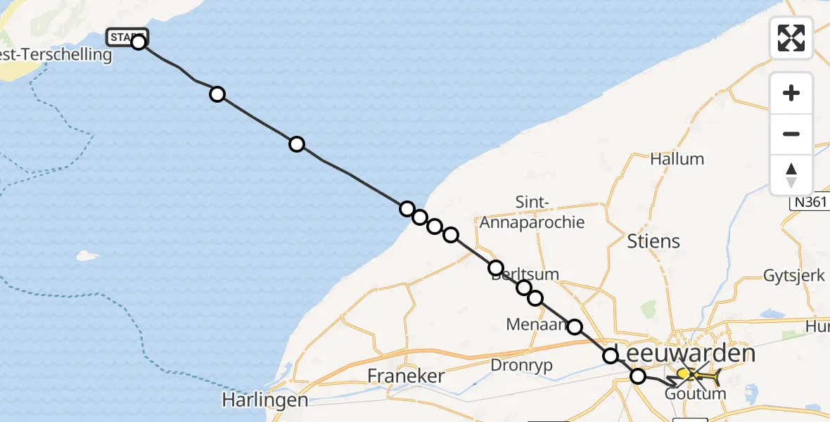 Routekaart van de vlucht: Ambulanceheli naar Leeuwarden, Aldlânsdyk