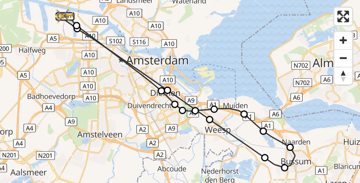Vluchtroute Traumahelikopter van Amsterdam Heliport naar Amsterdam Heliport