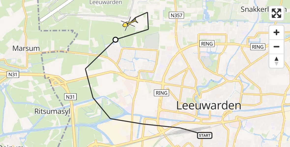 Routekaart van de vlucht: Ambulanceheli naar Vliegbasis Leeuwarden, Zwettestraat