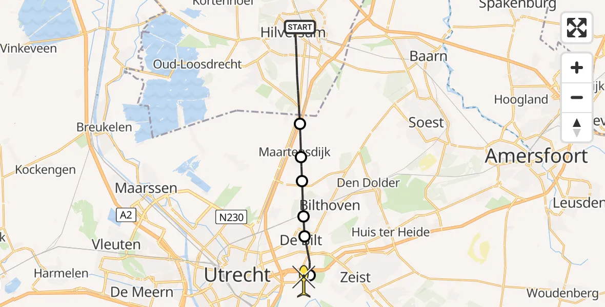 Routekaart van de vlucht: Lifeliner 1 naar Universitair Medisch Centrum Utrecht, Eikbosserweg