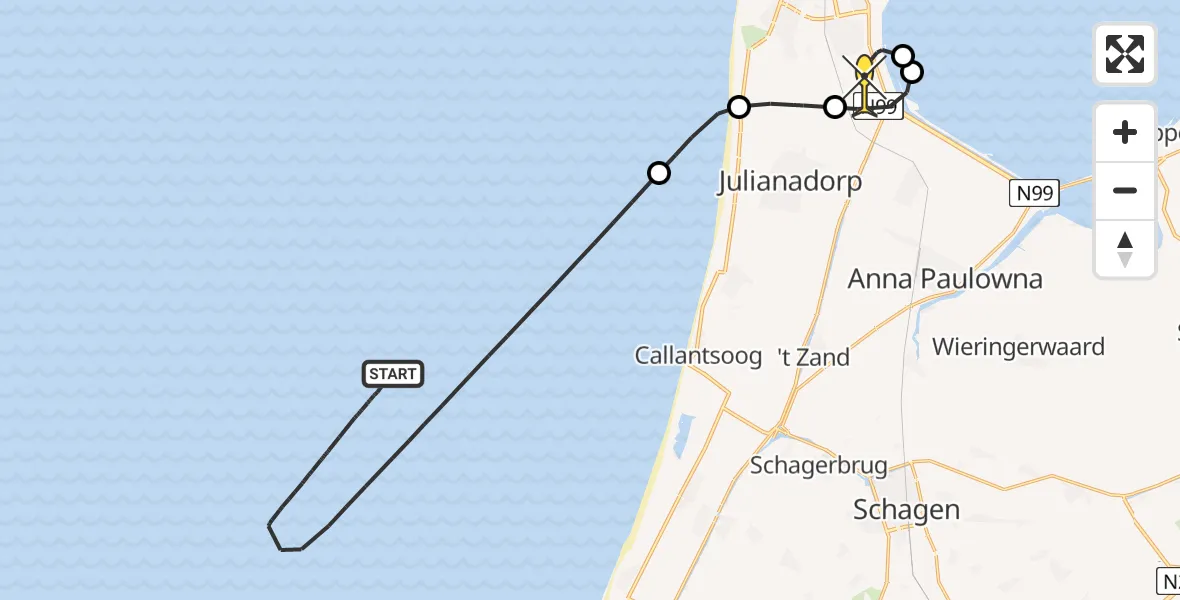 Routekaart van de vlucht: Kustwachthelikopter naar Vliegveld De Kooy, Luchthavenweg