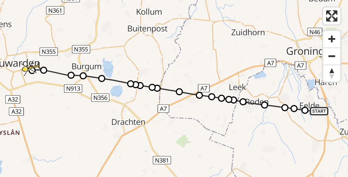 Routekaart van de vlucht: Lifeliner 4 naar Leeuwarden, Oosterloop