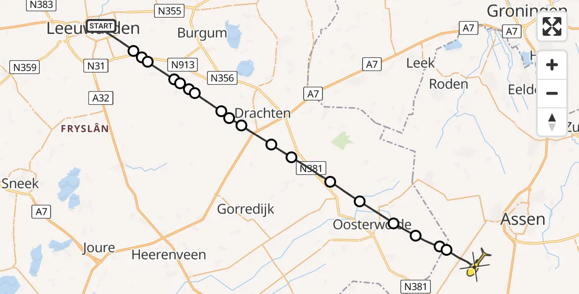 Routekaart van de vlucht: Lifeliner 4 naar Smilde, Ouddeelstraat