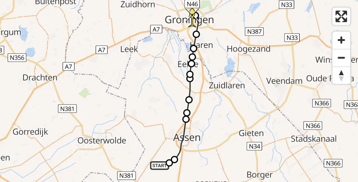 Routekaart van de vlucht: Lifeliner 4 naar Universitair Medisch Centrum Groningen, Eekhoutswijk