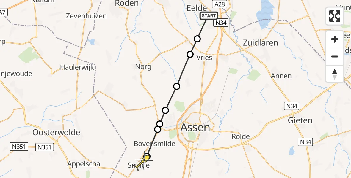 Routekaart van de vlucht: Lifeliner 4 naar Smilde, Norgerweg