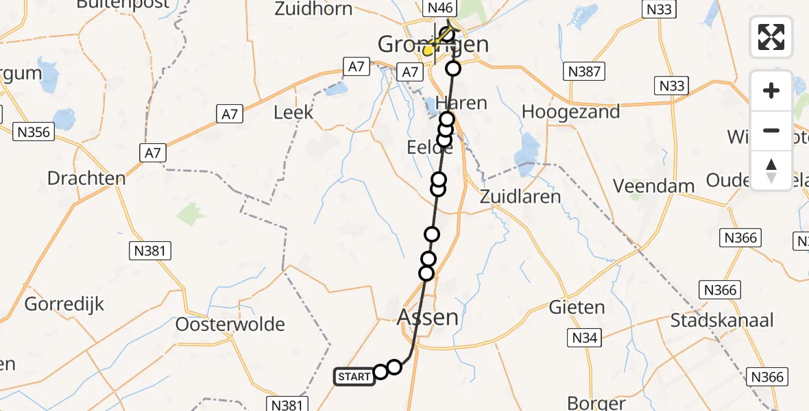 Routekaart van de vlucht: Lifeliner 4 naar Universitair Medisch Centrum Groningen, Eekhoutswijk