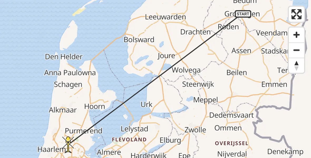 Vluchtroute Traumahelikopter van Universitair Medisch Centrum Groningen naar Amsterdam Heliport