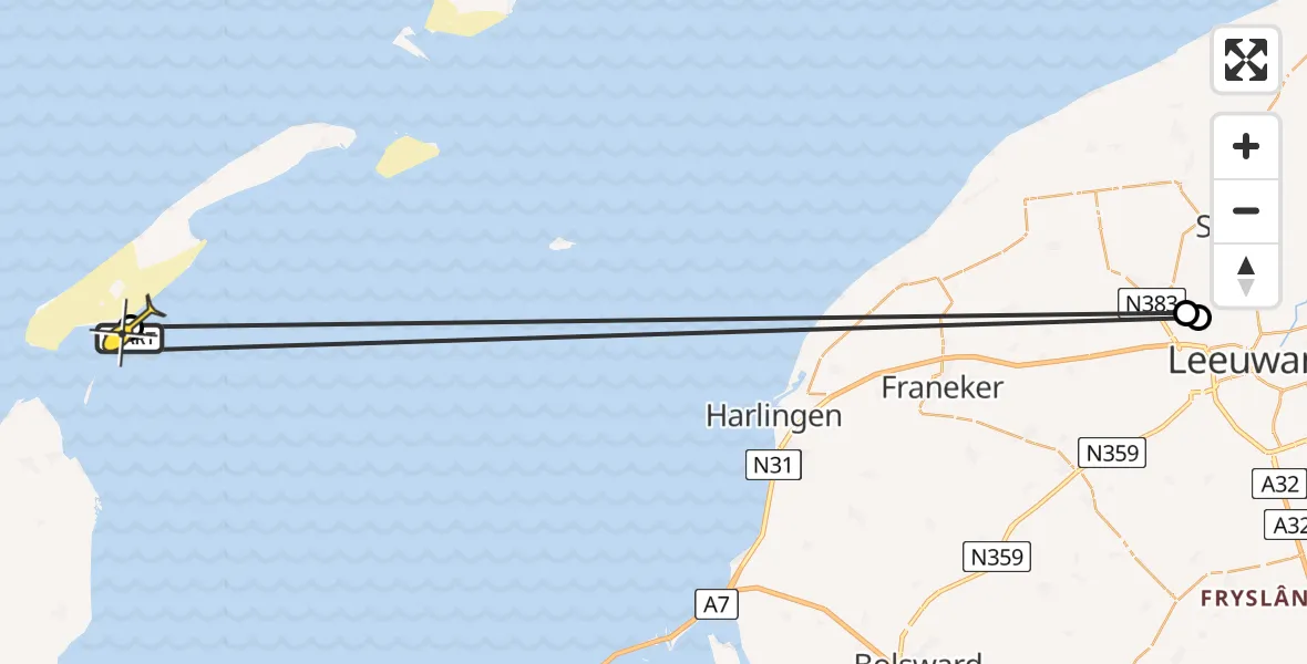 Routekaart van de vlucht: Kustwachthelikopter naar Vlieland, Vliehors