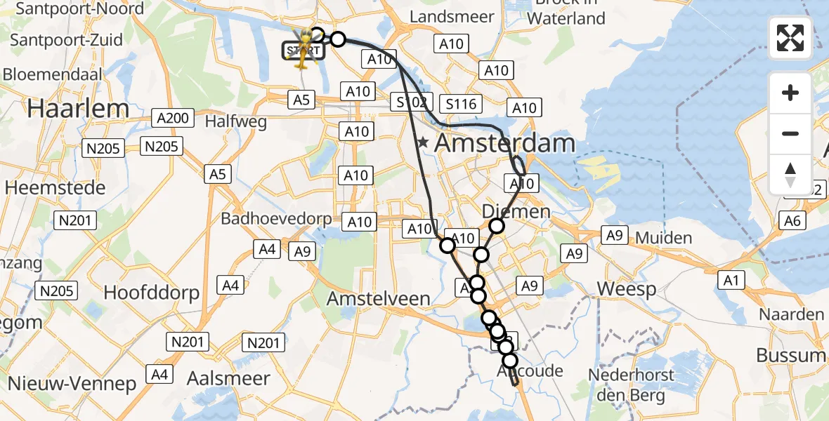 Vluchtroute Traumahelikopter van Amsterdam Heliport naar Amsterdam Heliport