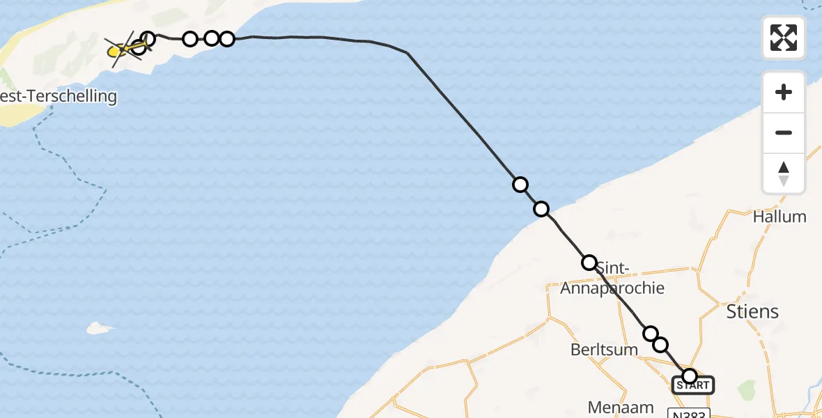 Routekaart van de vlucht: Ambulancehelikopter naar Midsland, Menamerdyk