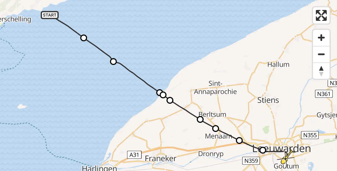 Routekaart van de vlucht: Ambulanceheli naar Leeuwarden, Borniastraat