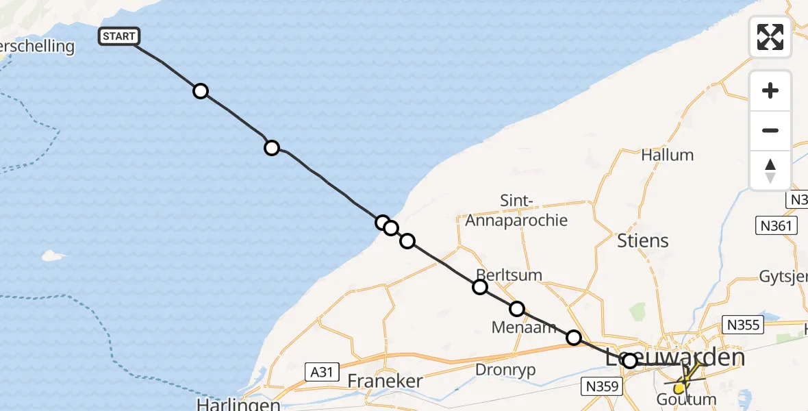 Routekaart van de vlucht: Ambulancehelikopter naar Leeuwarden, Borniastraat