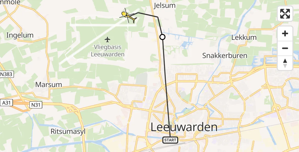 Vluchtroute Ambulancehelikopter van Leeuwarden naar Vliegbasis Leeuwarden
