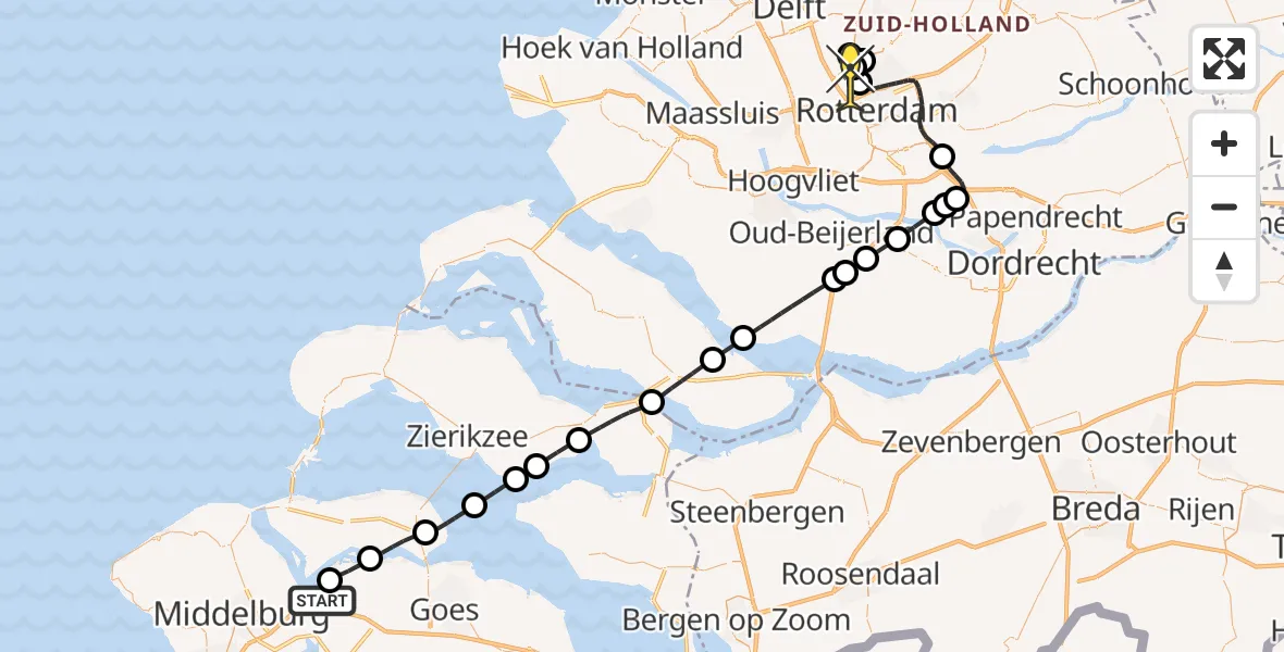 Routekaart van de vlucht: Kustwachthelikopter naar Rotterdam The Hague Airport, De Omloop