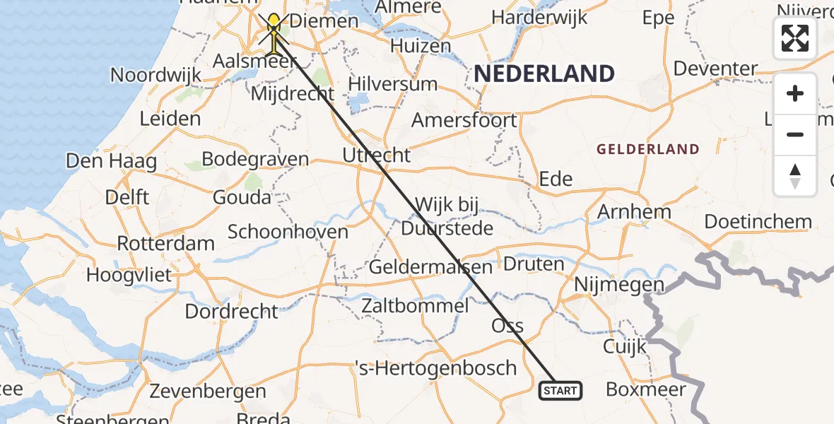 Vluchtroute Traumahelikopter van Vliegbasis Volkel naar Schiphol