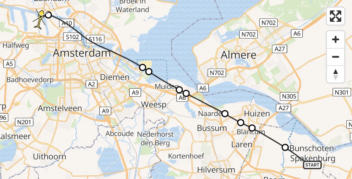 Routekaart van de vlucht: Lifeliner 1 naar Amsterdam Heliport, Sint Nicolaashoofd