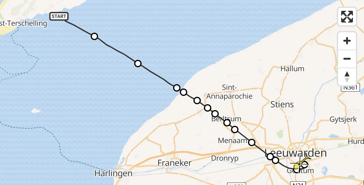 Routekaart van de vlucht: Ambulanceheli naar Leeuwarden, Borniastraat