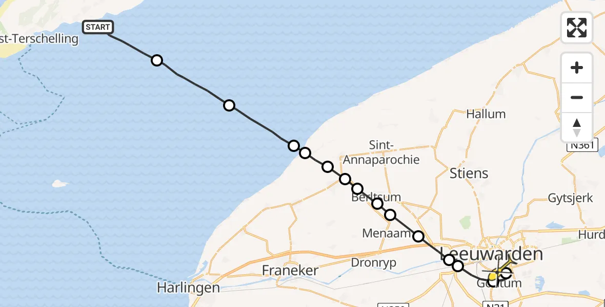 Routekaart van de vlucht: Ambulancehelikopter naar Leeuwarden, Borniastraat