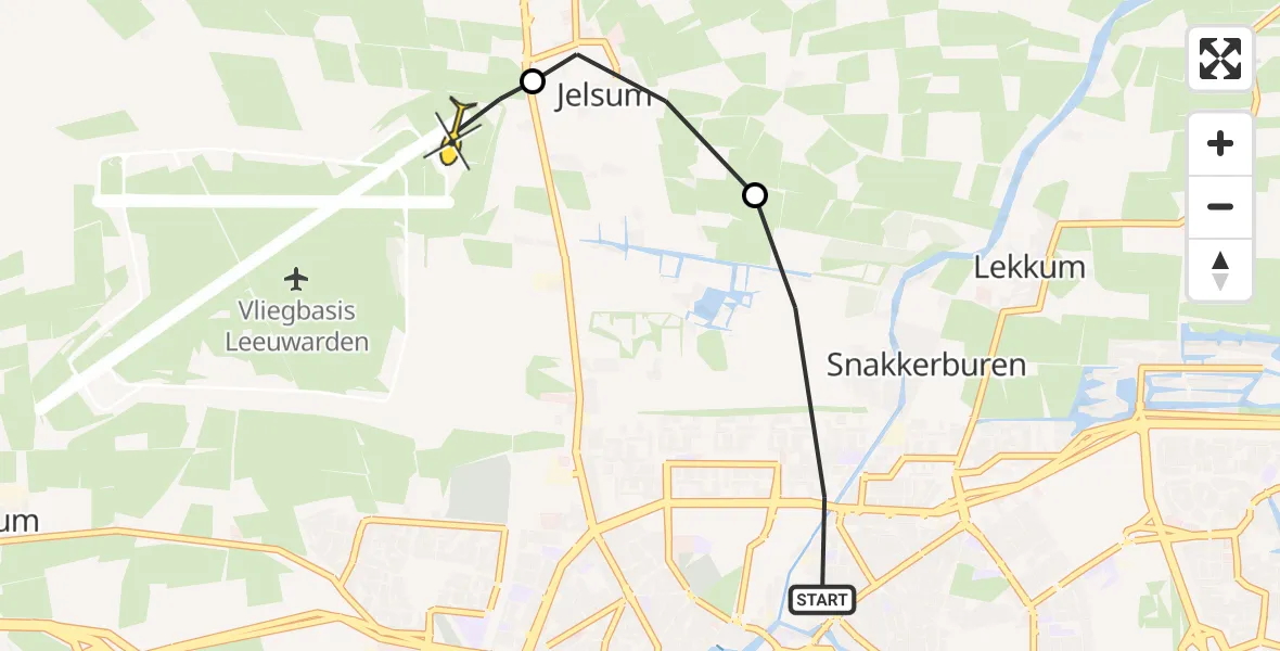 Routekaart van de vlucht: Ambulancehelikopter naar Vliegbasis Leeuwarden, Leeuwarder Bos