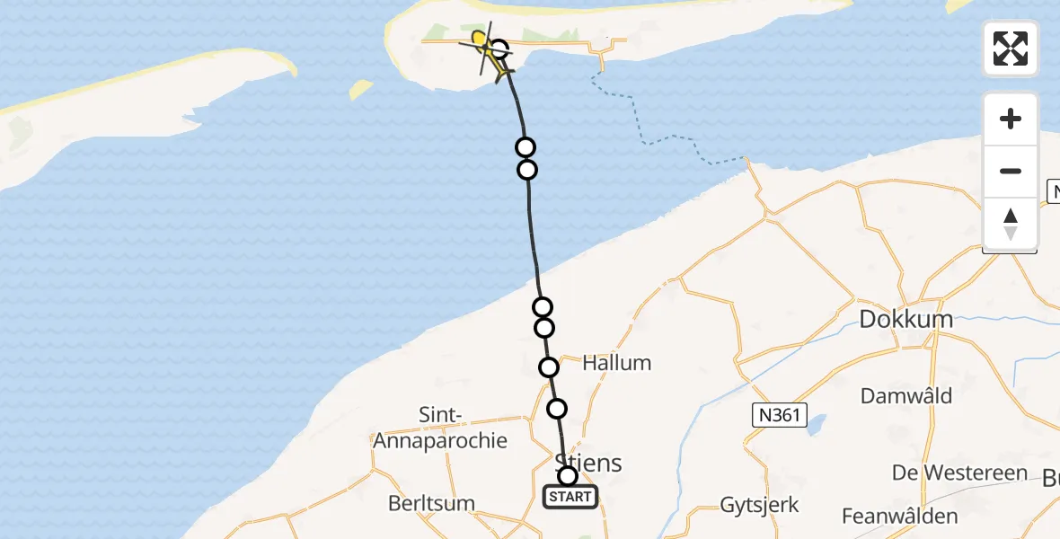 Routekaart van de vlucht: Ambulanceheli naar Ameland Airport Ballum, Buerefinne