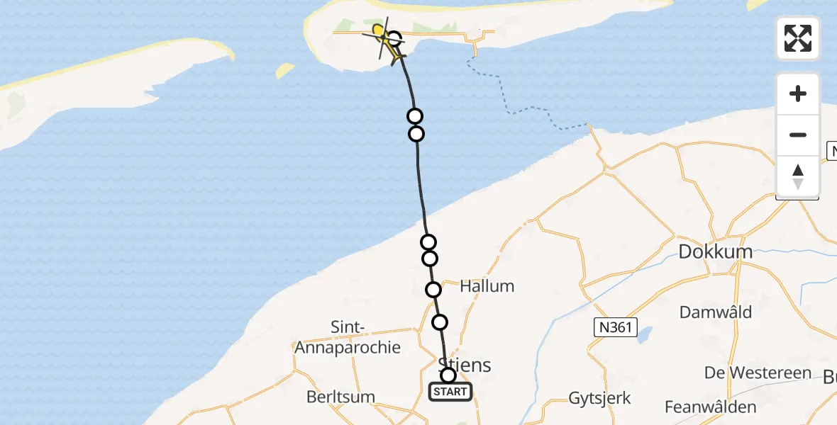 Routekaart van de vlucht: Ambulancehelikopter naar Ameland Airport Ballum, Buerefinne