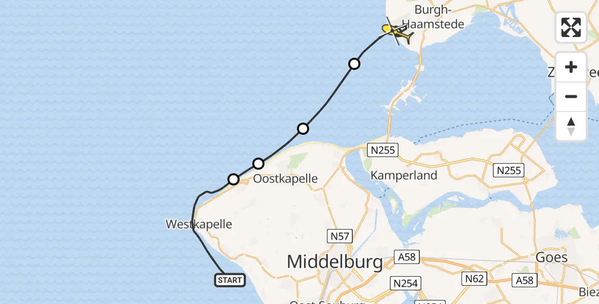 Routekaart van de vlucht: Kustwachthelikopter naar Burgh-Haamstede, Derrieput