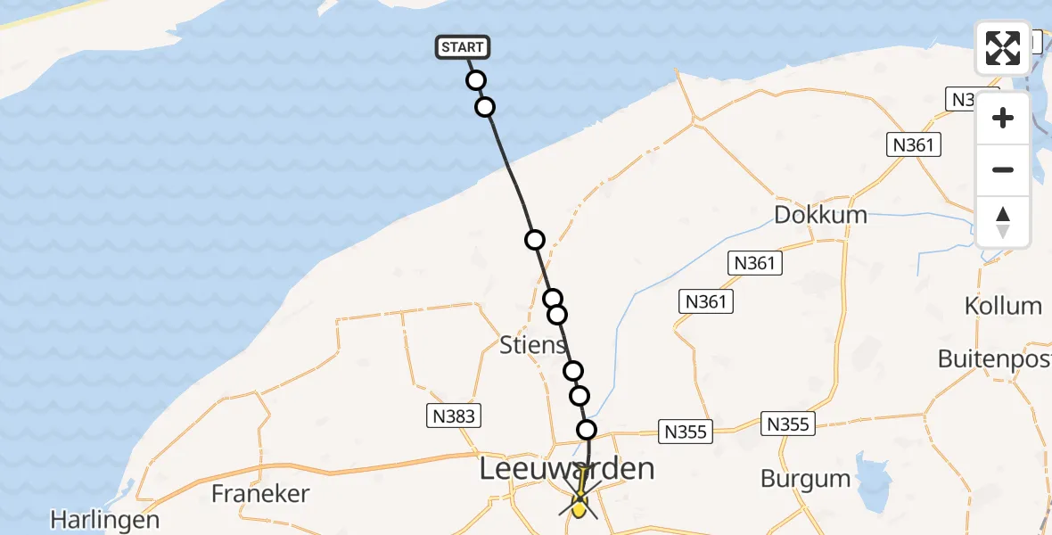 Routekaart van de vlucht: Ambulanceheli naar Leeuwarden, Borniastraat