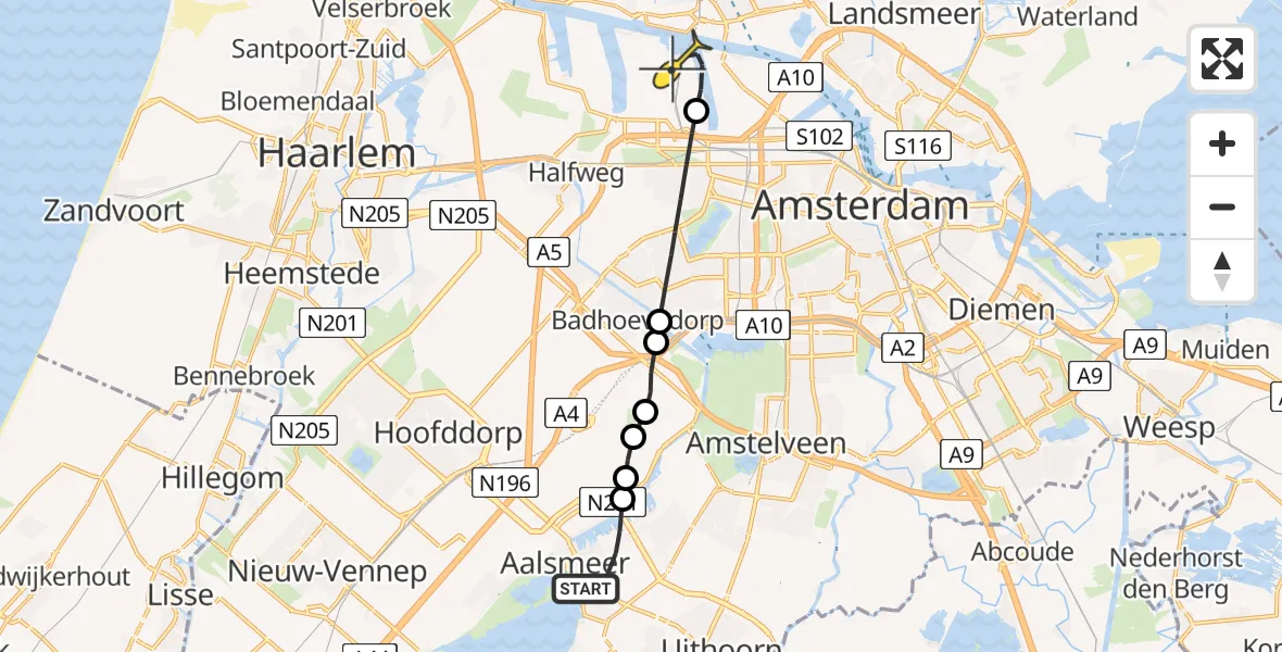 Routekaart van de vlucht: Lifeliner 1 naar Amsterdam Heliport, Mendelstraat