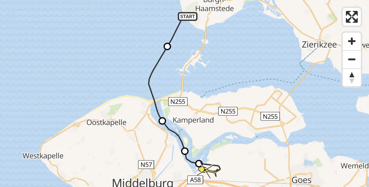 Routekaart van de vlucht: Kustwachthelikopter naar Vliegveld Midden-Zeeland, Calandweg