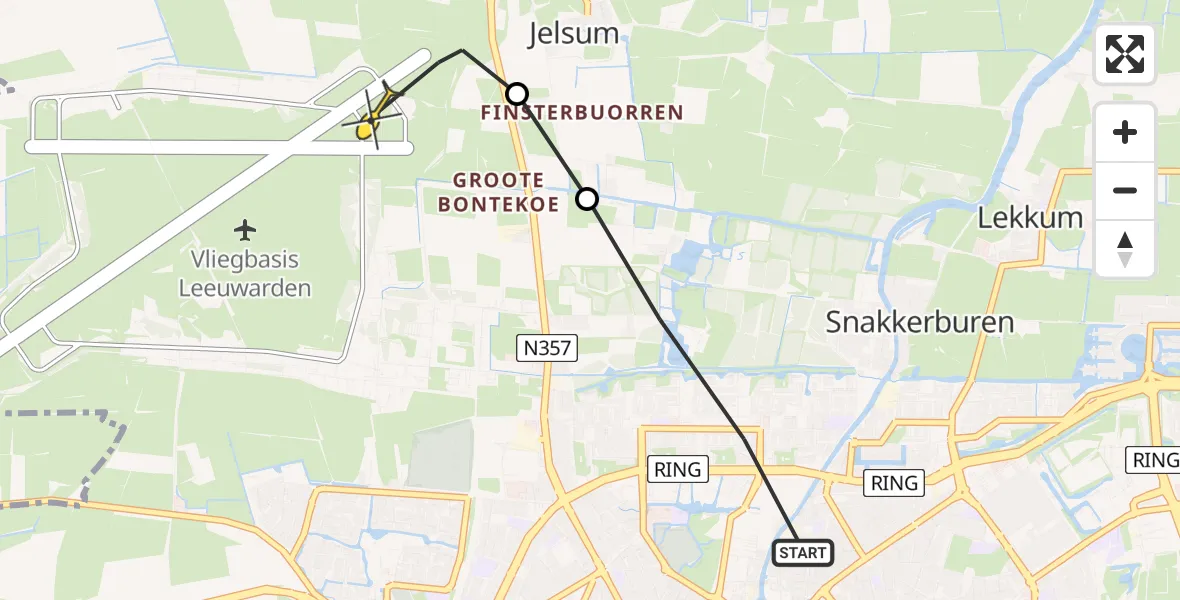 Vluchtroute Ambulancehelikopter van Leeuwarden naar Vliegbasis Leeuwarden