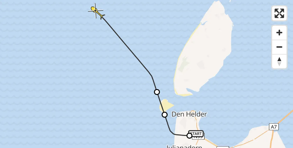 Vluchtroute Kustwachthelikopter van Vliegveld De Kooy naar 