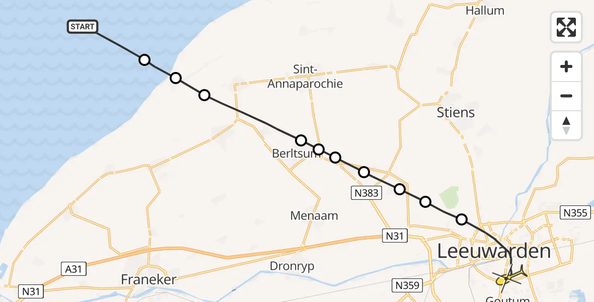 Routekaart van de vlucht: Ambulancehelikopter naar Leeuwarden, Borniastraat