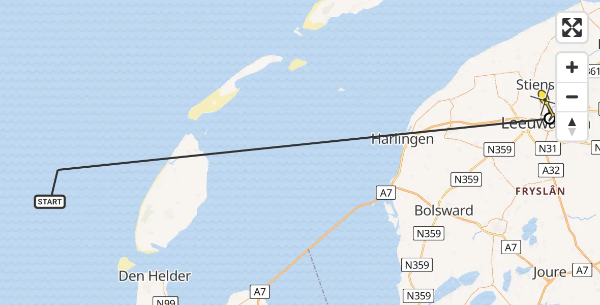 Routekaart van de vlucht: Kustwachthelikopter naar Jelsum, Finsterbuorren