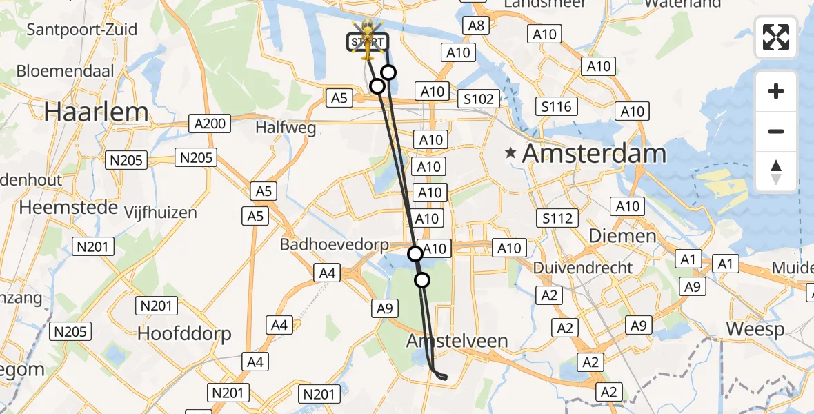 Vluchtroute Traumahelikopter van Amsterdam Heliport naar Amsterdam Heliport