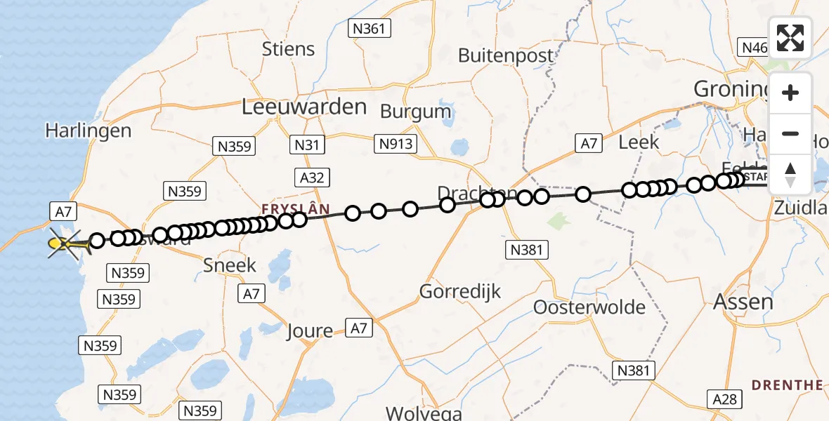 Routekaart van de vlucht: Lifeliner 4 naar Makkum, Molenweg