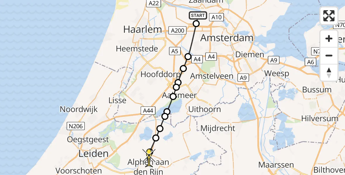 Routekaart van de vlucht: Lifeliner 1 naar Alphen aan den Rijn, Nieuw-Zeelandweg