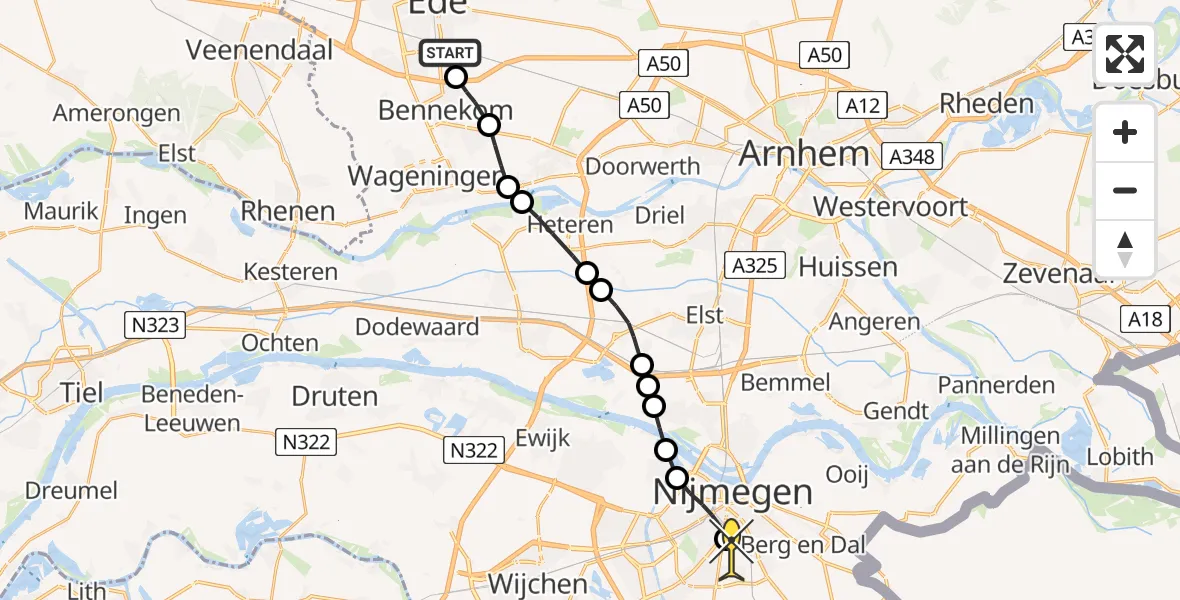 Routekaart van de vlucht: Lifeliner 3 naar Radboud Universitair Medisch Centrum, Laarder Allee