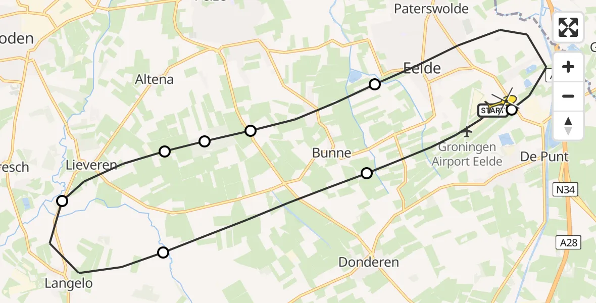 Vluchtroute Traumahelikopter van Groningen Airport Eelde naar Groningen Airport Eelde