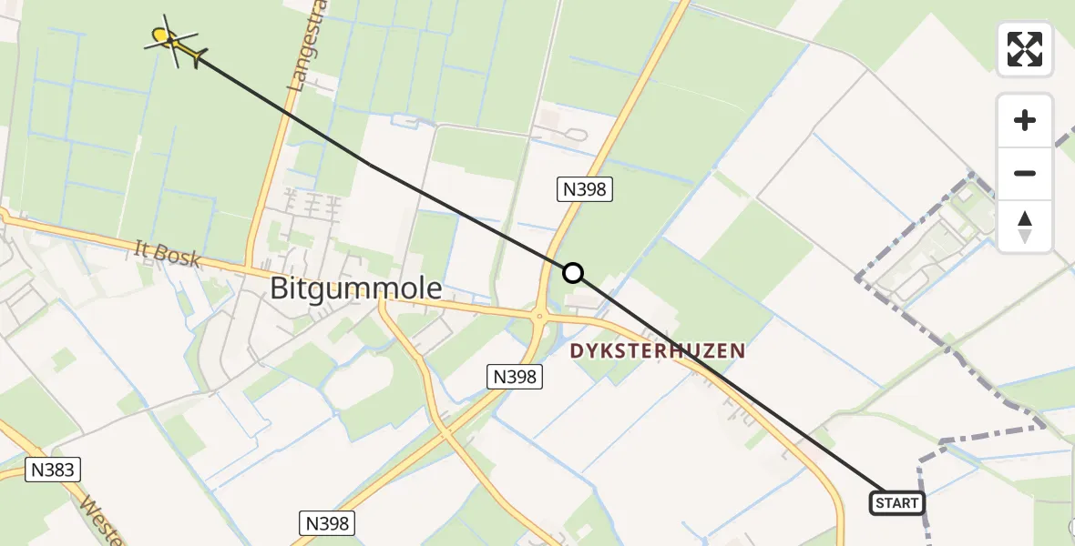 Routekaart van de vlucht: Ambulanceheli naar Bitgummole, Dyksterhuzen