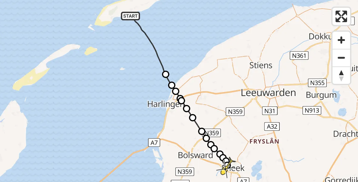 Routekaart van de vlucht: Ambulanceheli naar Sneek, Bolswarderbaan