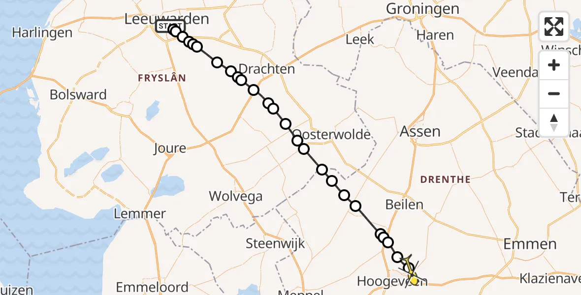 Routekaart van de vlucht: Lifeliner 4 naar Vliegveld Hoogeveen, Oer de feart