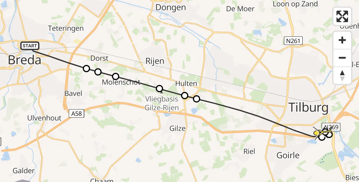 Routekaart van de vlucht: Lifeliner 3 naar Tilburg, Eekhoornstraat