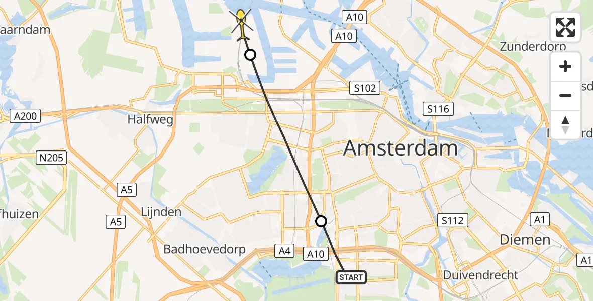 Routekaart van de vlucht: Lifeliner 1 naar Amsterdam Heliport, Amstelveenseweg