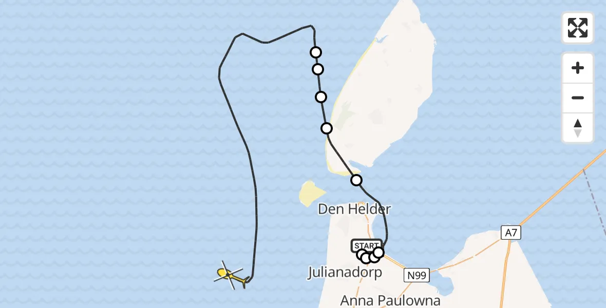 Routekaart van de vlucht: Kustwachthelikopter naar Kortevliet