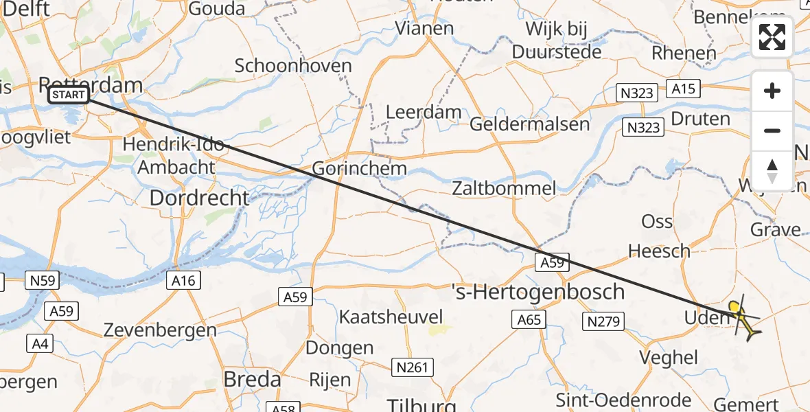 Routekaart van de vlucht: Traumahelikopter naar Vliegbasis Volkel, Zeelandsedijk