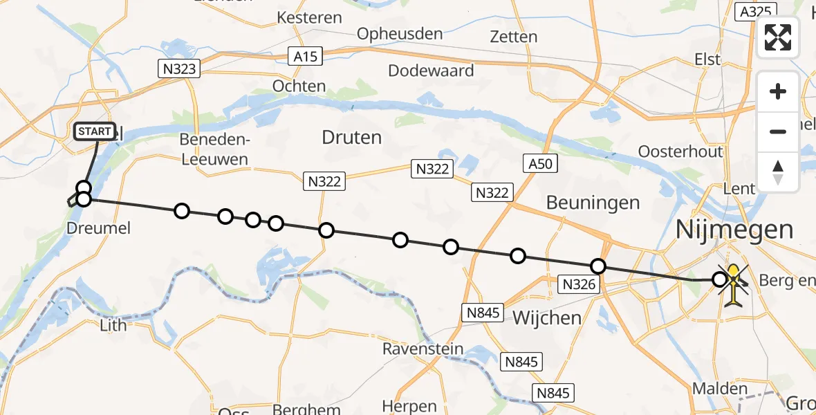 Routekaart van de vlucht: Lifeliner 1 naar Radboud Universitair Medisch Centrum, Hertog Arnoldstraat